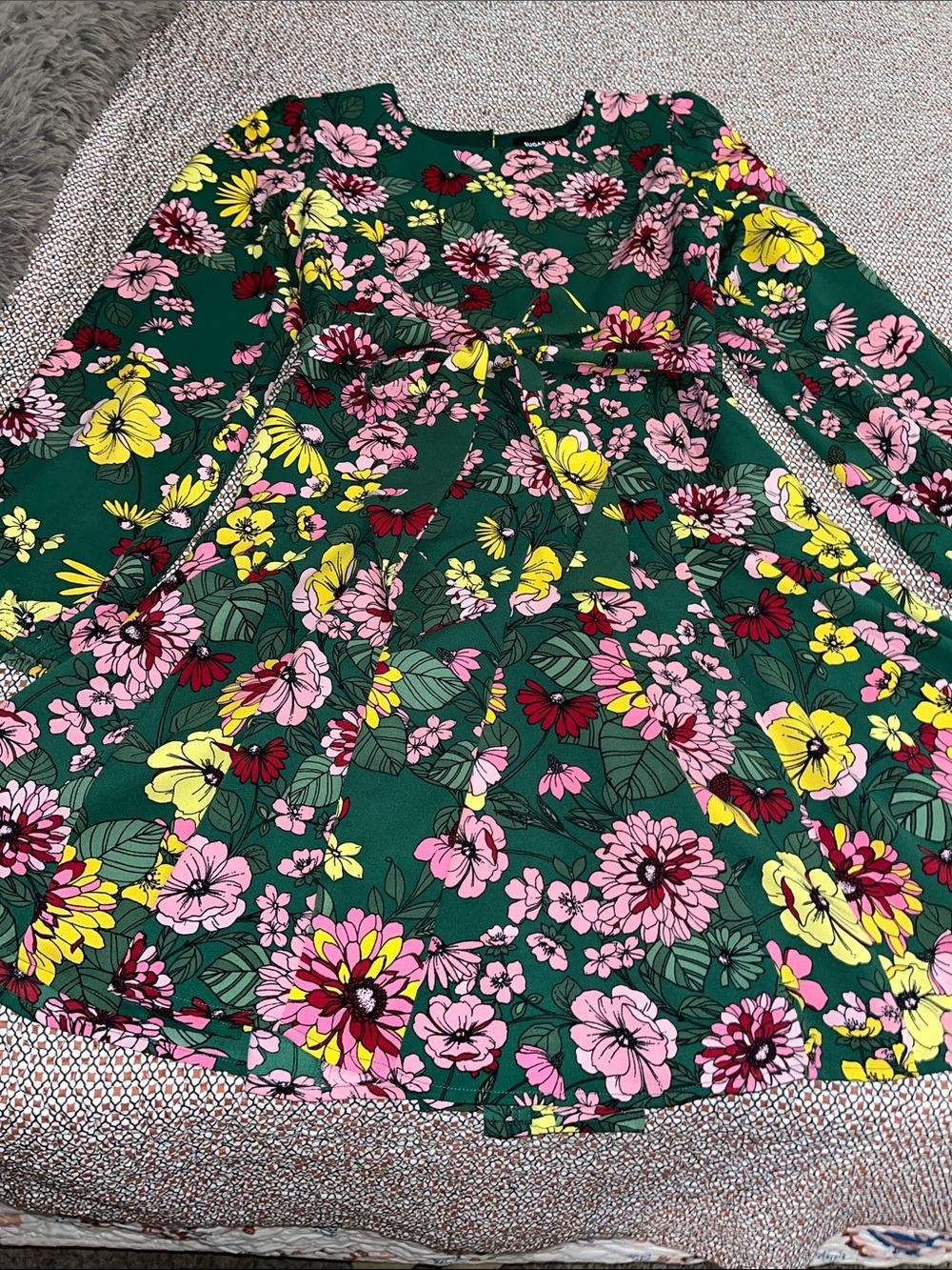 Sugarlips Green Floral Mini Dress with Pink & Yellow Flowers